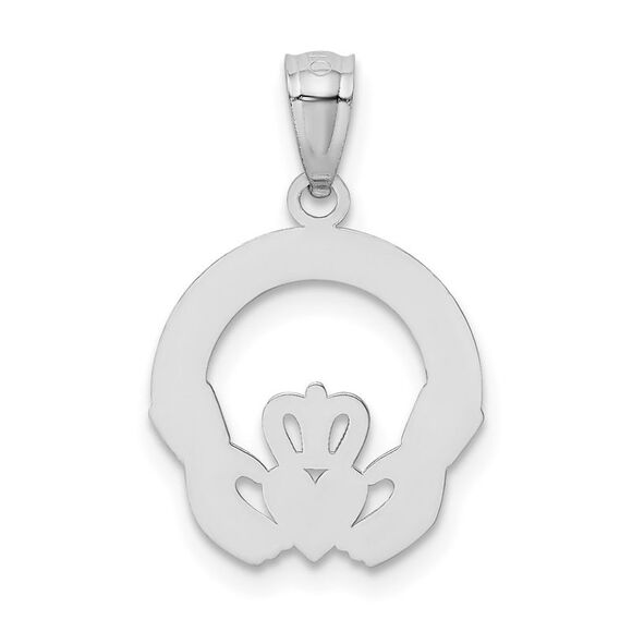 14k White Gold Satin & Diamond Cut Flat Claddagh Pendant, 14mm